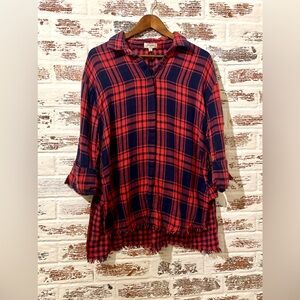 Umgee Plaid Check Frayed Gem Tunic Button Down Shirt Size S